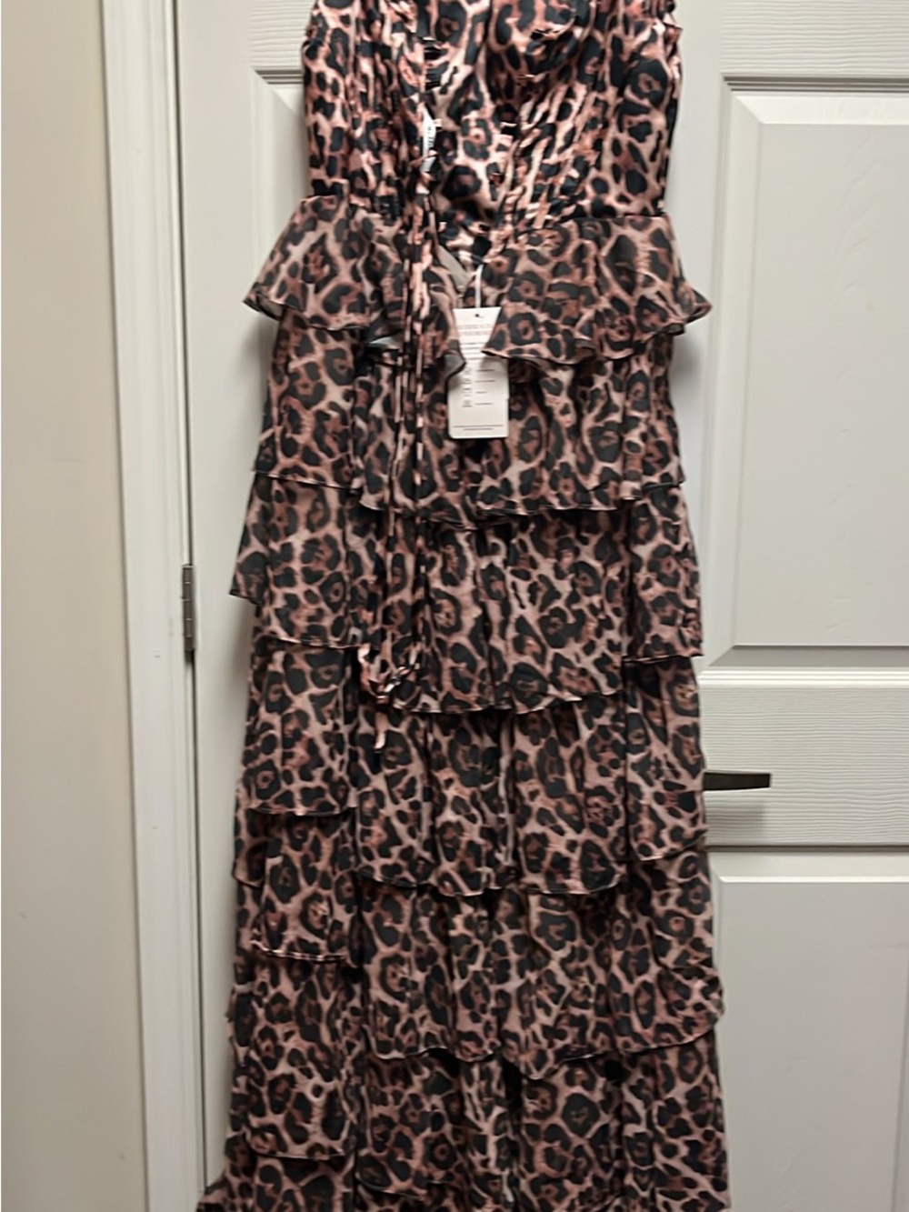 Leopard Print Ruffle strapless Dress in Blush and Black